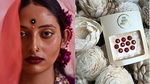 Image of handmade bindi from The Bindi Project worn by a model and an assortment of the handcrafted, upcyled bindis