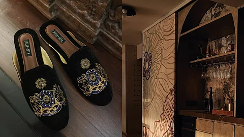 Image of hand embroidered mules and embroidered silk sliding door from the Chennai based label Julia & Sita