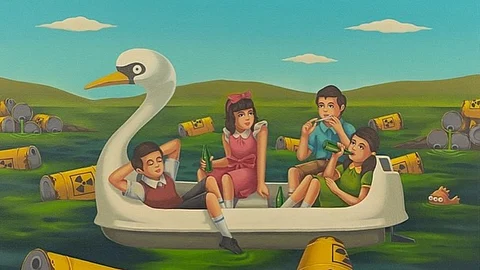 A painting depicting four children in a swan-shaped paddle boat floating through a toxic swamp.