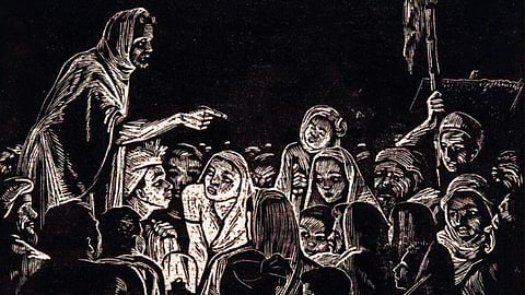 n the ink-black night, a wizened, weather-beaten man addresses a group of villagers. Men and women huddle around this messiah-like figure, their faces in rapt attention and illuminated by a kerosene lamp. This untitled and undated print was most likely created to document the meetings planned as part of Bengal’s Tebhaga Peasant Movement in 1946.