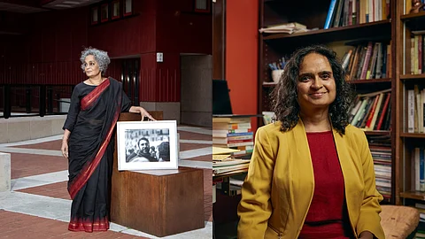 Arundhati Roy with a photograph of imprisoned Egyptian author and activist Alaa Abd el-Fattah at the PEN Pinter Prize ceremony and Shailaja Paik after winning the McArthur 'Genius' Fellowship Grant.