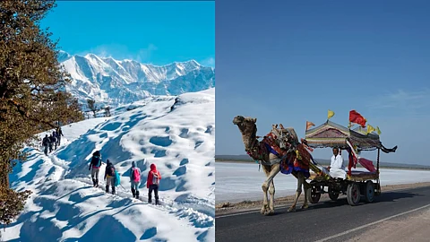 Images of people trekking up the himalayas and another from Rann Utsav in Kutch, Gujarat