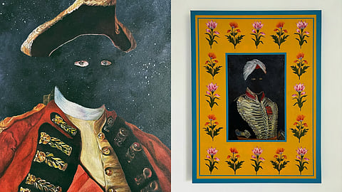 Images of Paintings by Australian Indian artist Sid Pattni Titled A Knot in The Thread That depict colonisers surrounded by exoticised indian motifs