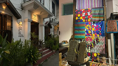 Images of Annah Chakola's shop or Kada in Fort Kochi attached to the old courtyard hotel, and pieces of jewellery and tapestries featured there