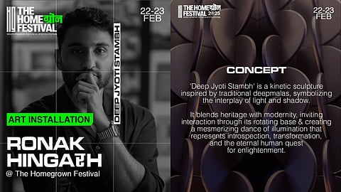 Ronak Hingarh’s latest installation, Deep Jyoti Stambh, finds a home at The Homegrown Festival — a first-of-its-kind Indian culture and lifestyle festival that brings together South Asian talent to reimagine contemporary Indian identity