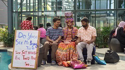 Patruni Sastry in drag at a Hyderabad IT park.