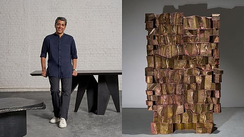 L: Vikram Goyal, R: The Shaded Graphite cabinet, created using hollowed joinery skills, is patinated to mimic the depth of shaded graphite, evoking the form of carbon crystalline.