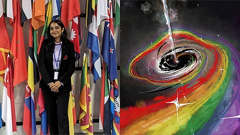 Left: Khushi Shah; Right: Detail from “Humanity’s Journey into the Galaxy: We are All made of Stardust”
