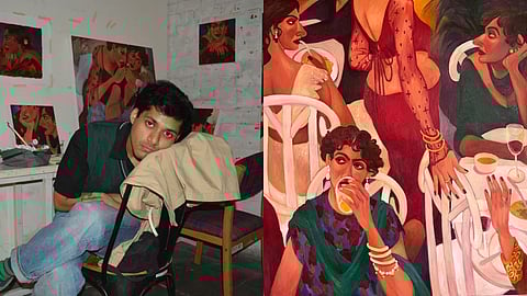 L: Aksh Diwan Garg in his studio; R: 'Is this seat taken' by Aksh Diwan Garg