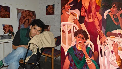 L: Aksh Diwan Garg in his studio; R: 'Is this seat taken' by Aksh Diwan Garg