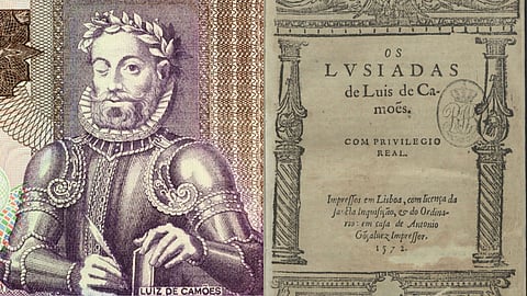 L: Luís de Camões depicted on an Angolan banknote. R: Front of the first edition of Os Lusíadas