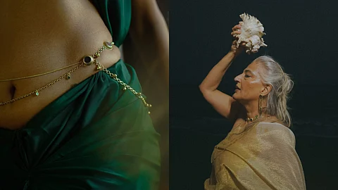 Images of Seema Anand and a model wearing jewellery from Surmeyi's Kama Collection inspired by the Kama Sutra