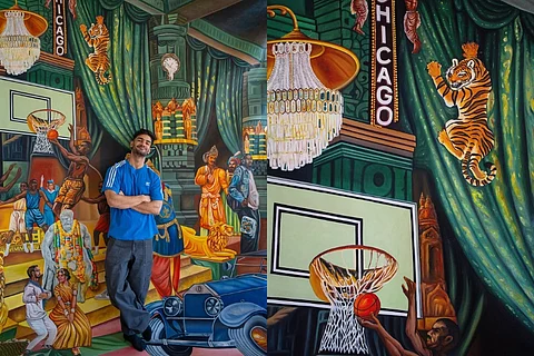 At a whopping 11 feet tall, the painting is a grand blend of contemporary Chicago and Indian history and heritage.