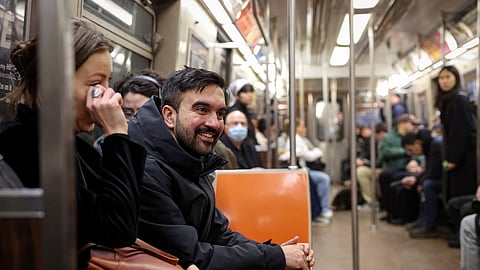 New York City mayoral candidate Zohran Mamdani, who advocates free metro transport, on the New York City subway.