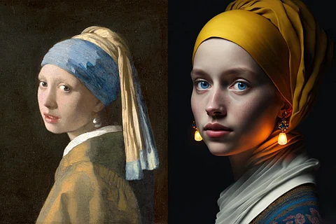 The classic 'Girl With A Pearl Earring' and the AI-generated 'Girl With Glowing Earrings'