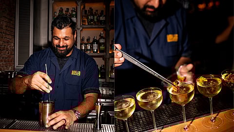 Image of Alcohol Beverage expert Pankaj Balachandran at his bar Boilermaker in Goa, makng cocktails