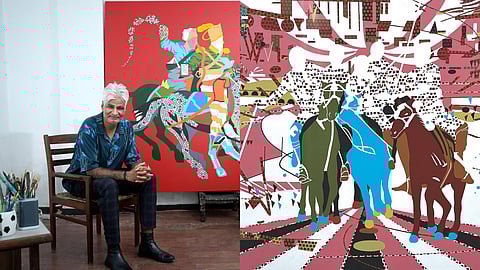 Sharma’s installations are marked by a restless materiality. He transforms discarded computer keyboards, industrial paints, glue, metal sheets, wood, acrylic, gota patti embroidery, and gold foil into dreamlike, textured worlds.