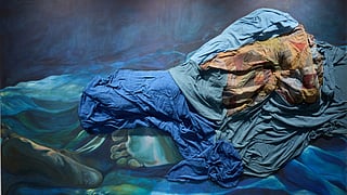 Karvat (रात)/The Turn (Night) 2024; Oil on linen, natural pigments, used clothing, fabric, fiberglass.