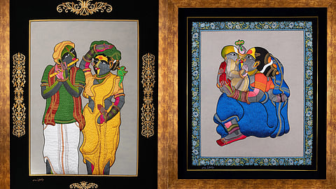 The show marks a new chapter in Vaikuntam’s practice as his iconic depictions of rural Telangana are reimagined through zardozi embroidery by the Shams family of Agra, artisans with a 300-year lineage in the craft.