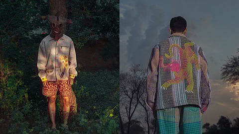 'Neither This Nor That', interprets themes of identity, hybridity, and myth through garments inspired by Indian folkloric creatures like the yali, makara, and naga.