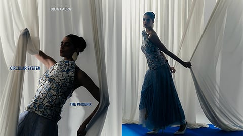 Image of model wearing garments made from broken pieces of ceramic by Aura Life crafted by fashion brand Duja based in Chandigarh