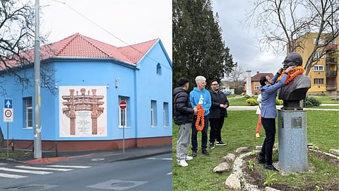Dr Ámbédkar Iskola in Sajókaza, Hungary (Left); Dr Ambedkar's bust in the school grounds (Right)