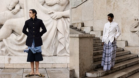 Images of models at Palais De Tokyo in Paris where models are wearing lungi with pieces from homegrown label Rkive city's latest collection style by Padani Kandagama