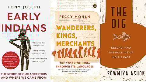 Tony Joseph's 'Early Indians' (Left); Peggy Mohan's 'Wanderers, Kings, Merchants' (Centre); Sowmiya Ashok's 'The Dig' (Right)