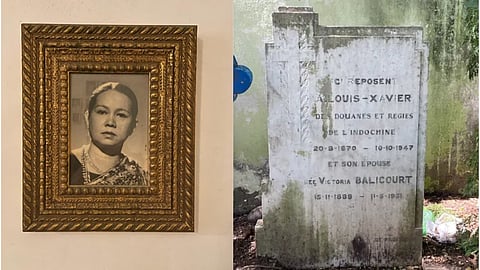 Framed photograph of guesthouse owner’s sari-clad Vietnamese grandmother displayed in the reception room of the Jardin Suffren guesthouse, Pondicherry and a tombstone of a Franco-Pondicherrian employed in Indochina