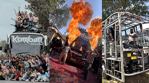 A group of college students on a trip with Komban Holidays (Left); A fire show as part of an event by tourist buses (Centre); The skeleton of the Pikachu Holidays bus (Right)