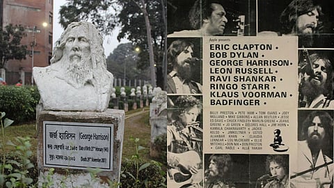 A bust of George Harrison near Dhaka University (Left); A poster for the Concert for Bangladesh (Right)