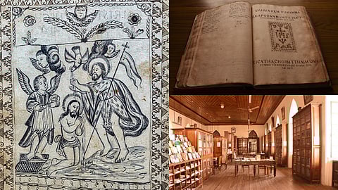 Left: Illustrated page from a rare 17th-century surviving incomplete copy of handwritten Kristapurana, preserved in the British Library;
Right: The library at the 400-year-old Rachol seminary and a manuscript from there