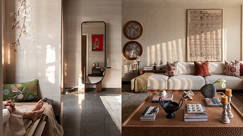 Curated by interior stylist and brand consultant Anubha Aneja, the approximately 4000 sq. ft. residence unfolds room by room through living spaces, bedrooms, dining areas, and transitional zones that are meant to be inhabited and moved through naturally.