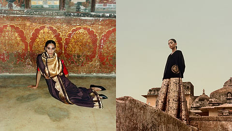 Images of models wearing Raw Mango's Bhitti Chitra Collection for Festive 2026 inspired by ancient wall art and fresco paintings