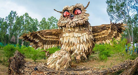 Bob the Owl by artist Bheem. This kinetic installation was made out of Areca nut leaves.