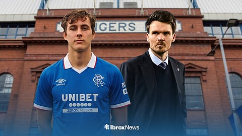 Hampus Skoglund in a Rangers shirt, with Danny Rohl alongside him and Ibrox behind
