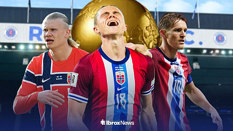 Rangers star Thelo Aasgaard in Norway shirt, with Erling Haaland and Martin Odegaard either side of him.