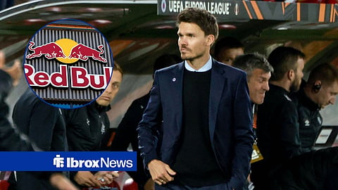 Danny Rohl in the dugout for Rangers, and the Red Bull logo in a circular inset.