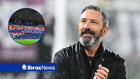 Hearts boss Derek McInnes clapping and Rangers fans in circular frame inset.