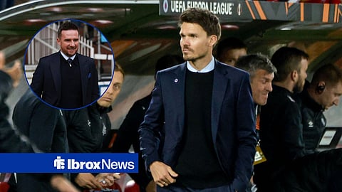 Danny Rohl in the dugout for Rangers, looking at a circular inset of Barry Ferguson.