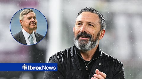 Derek McInnes applauds while in charge of Hearts, looking at a circular inset of Andrew Cavenagh.