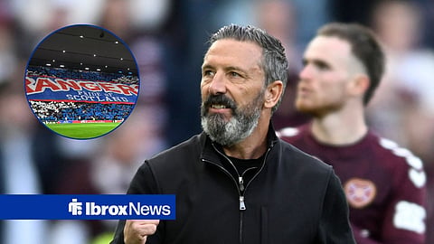 Derek McInnes managing Hearts, Rangers fans in inset.