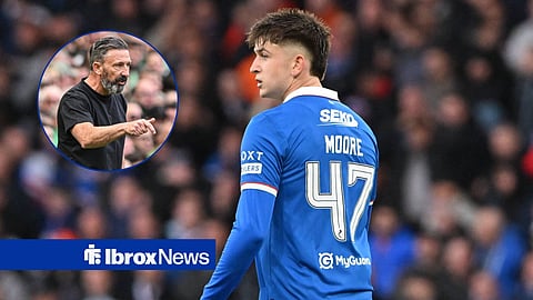 Mikey Moore in action for Rangers, looking at a circular inset of Derek McInnes.