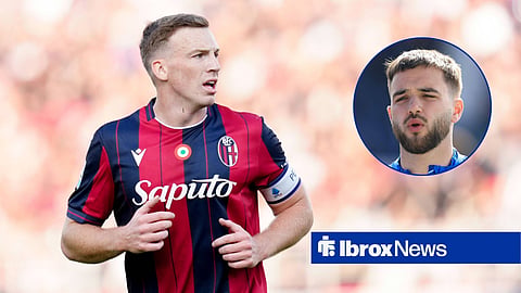 Lewis Ferguson in action during a Serie A game for Bologna, and Nicolas Raskin of Rangers, who warms up during the William Hill Premiership match at the Falkirk Stadium, Falkirk 12/04/2026.