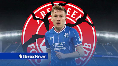 Ross McCrorie in a Rangers shirt, Aberdeen badge cracking in background.