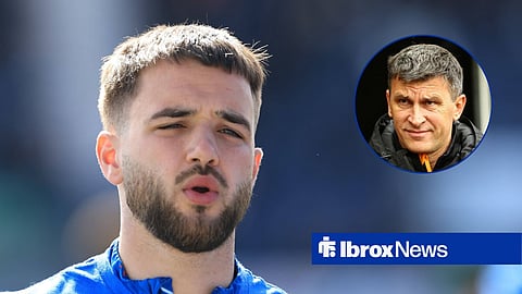 Nicolas Raskin warming up for Rangers, with Sergej Jakirovic in a circular frame inset