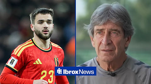 Nicolas Raskin playing for Belgium, with Manuel Pellegrini speaking in an interview alongside him