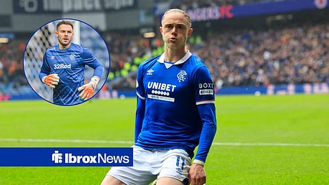 Thelo Aasgaard celebrates for Rangers, alongside a circular inset of Jack Butland.