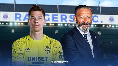 Derek McInnes and Ivor Pandur in a Rangers shirt.