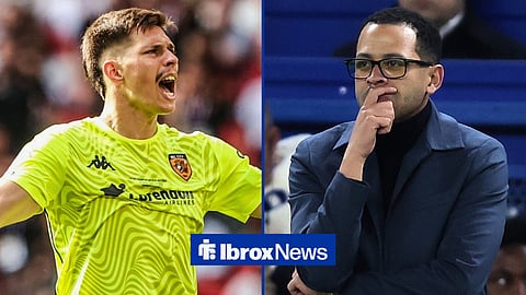 Split image of Rangers goalkeeper Ivor Pandur shouting while playing for Hull City and Liam Rosenior looking concerned with his hand over his lips